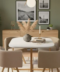 Table carrée 90cm avec 4 chaises gain de place Oslo Blanc et Tissu Taupe
