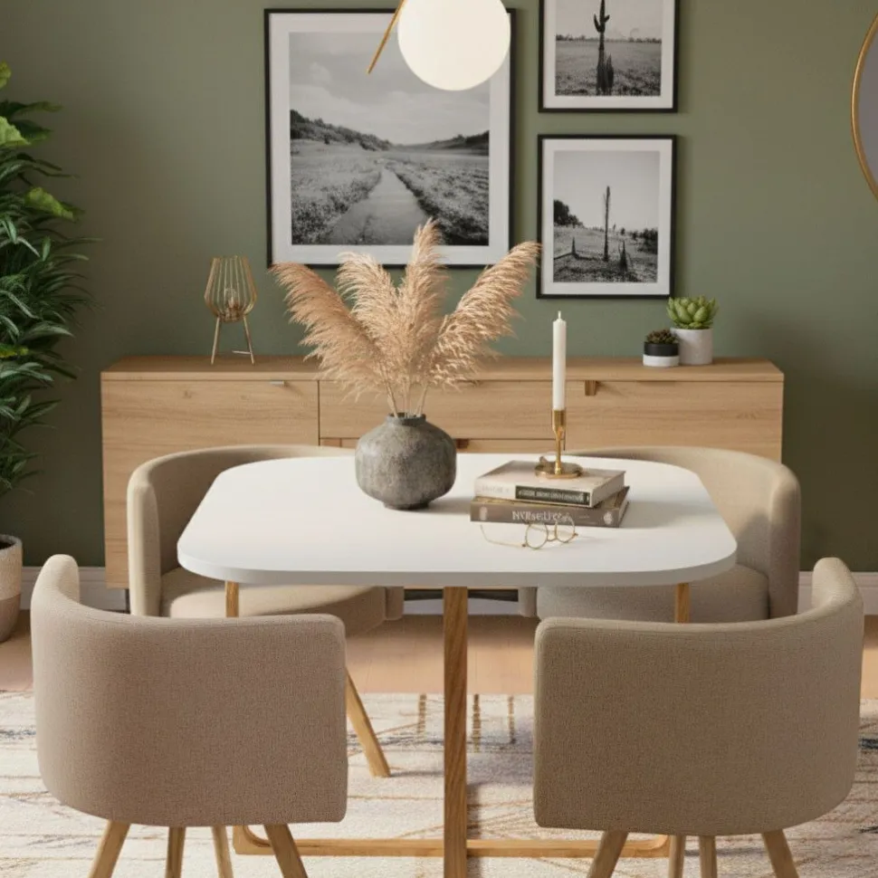 Table carrée 90cm avec 4 chaises gain de place Oslo Blanc et Tissu Taupe