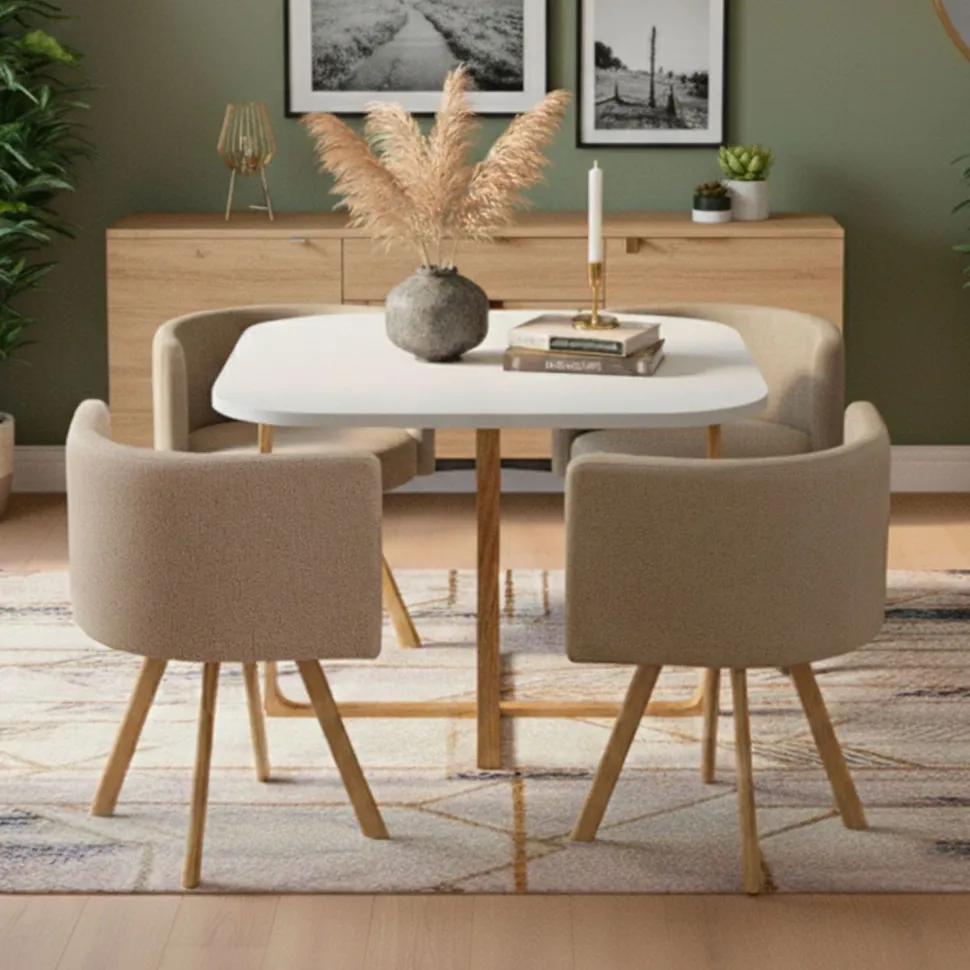 Table carrée 90cm avec 4 chaises gain de place Oslo Blanc et Tissu Taupe