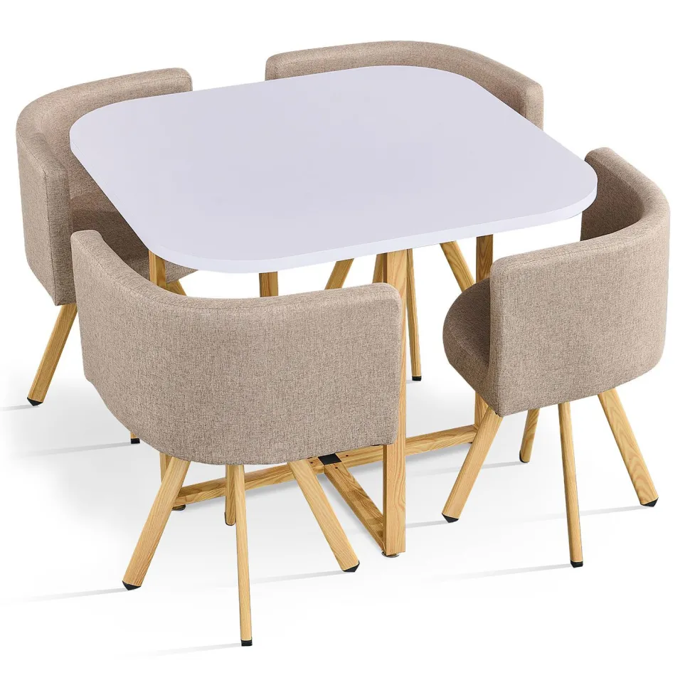 Table carrée 90cm avec 4 chaises gain de place Oslo Blanc et Tissu Taupe