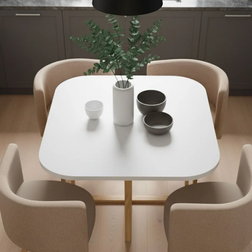 Table carrée 90cm avec 4 chaises gain de place Oslo Blanc et Tissu Taupe