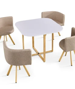 Table carrée 90cm avec 4 chaises gain de place Oslo Blanc et Tissu Taupe