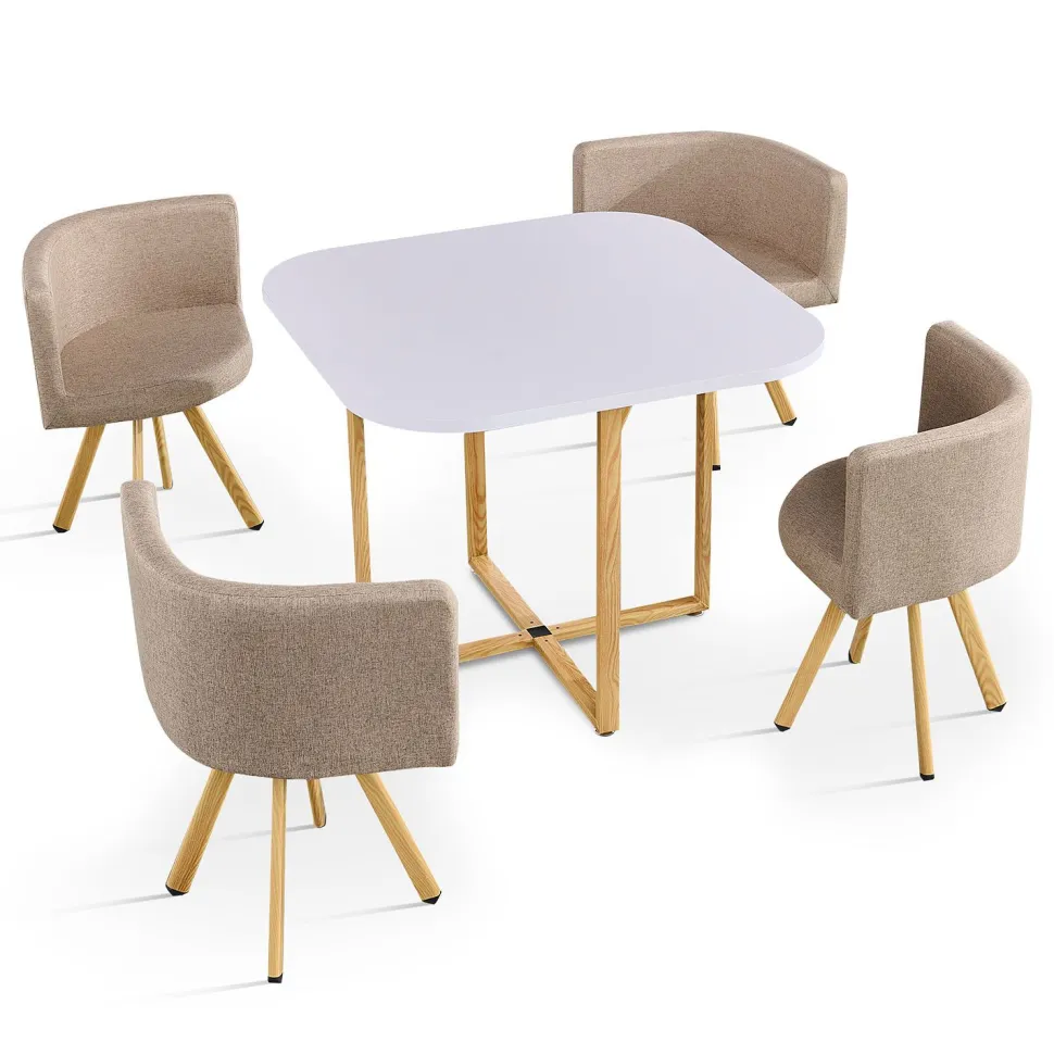 Table carrée 90cm avec 4 chaises gain de place Oslo Blanc et Tissu Taupe