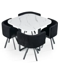 Table carrée 90cm avec 4 chaises gain de place Oslo Effet marbre blanc et Velours Noir