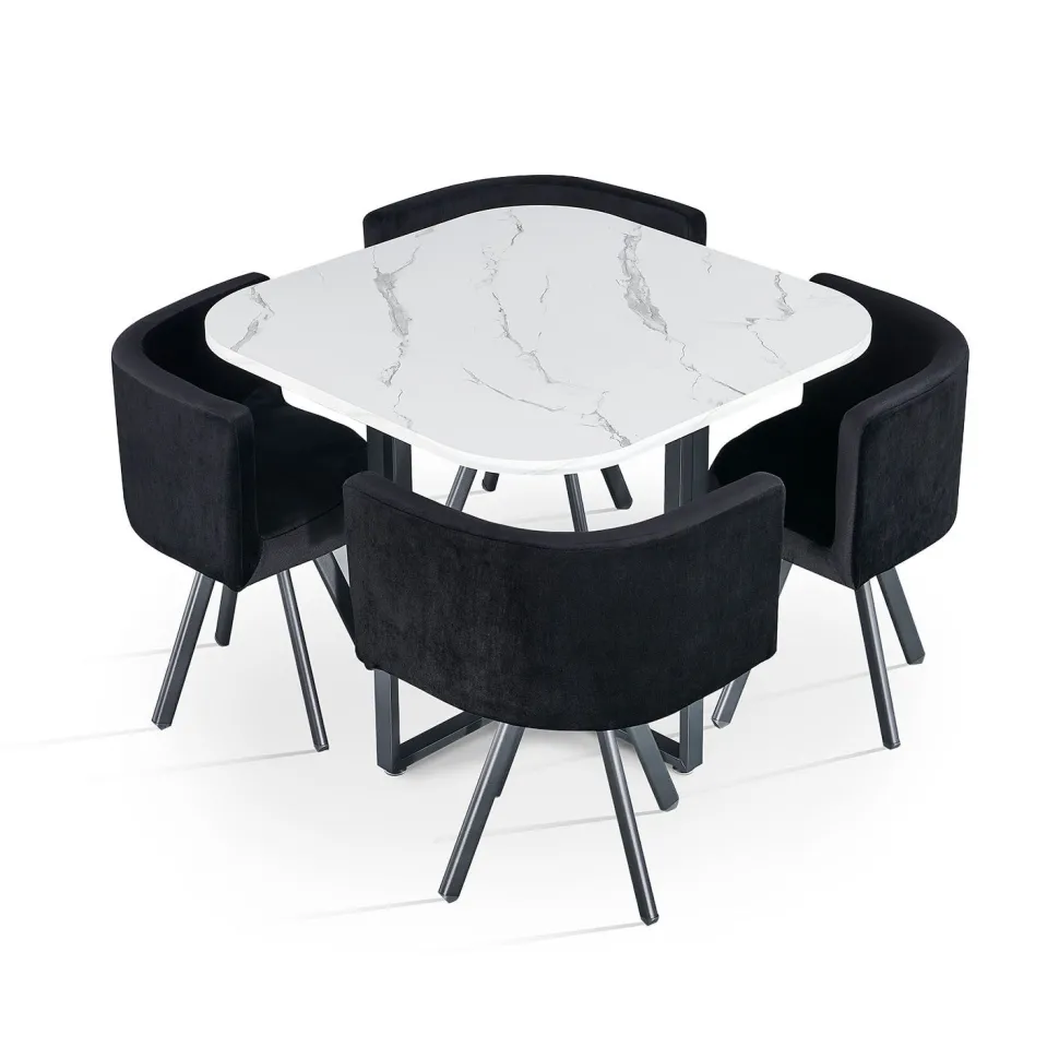 Table carrée 90cm avec 4 chaises gain de place Oslo Effet marbre blanc et Velours Noir