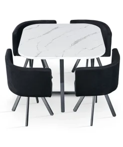 Table carrée 90cm avec 4 chaises gain de place Oslo Effet marbre blanc et Velours Noir
