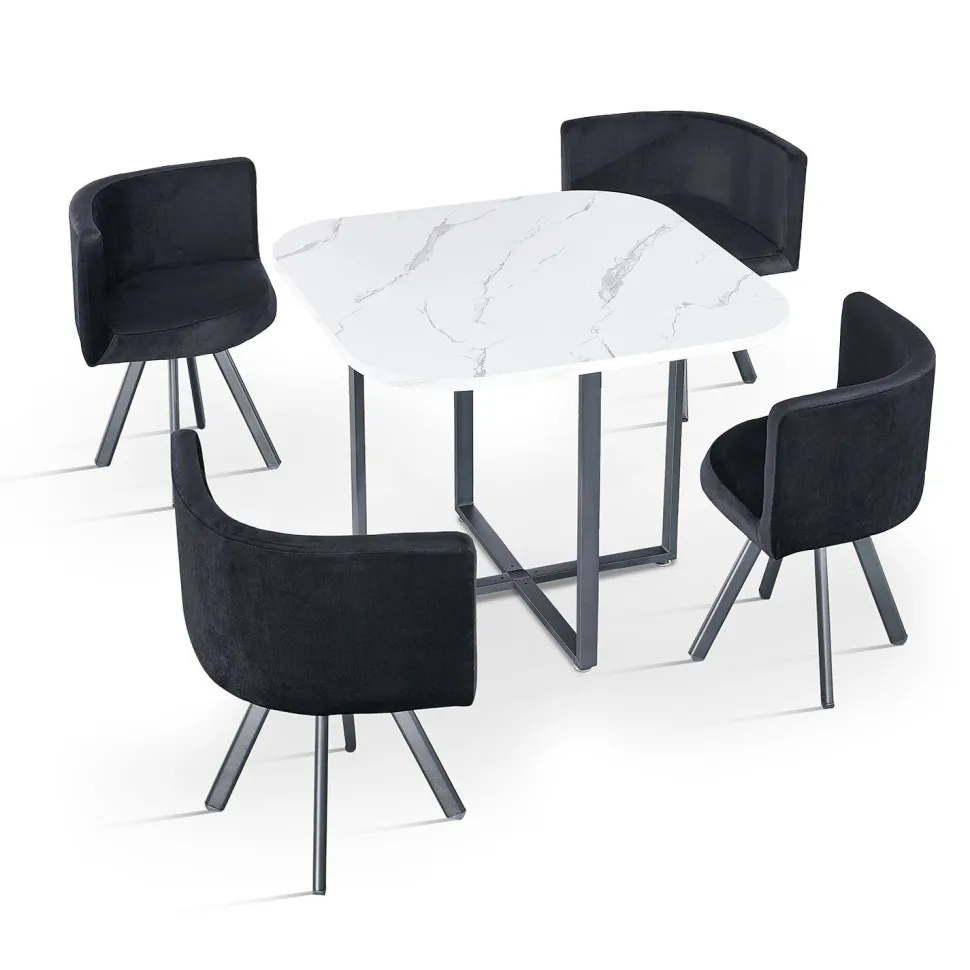 Table carrée 90cm avec 4 chaises gain de place Oslo Effet marbre blanc et Velours Noir