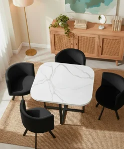 Table carrée 90cm avec 4 chaises gain de place Oslo Effet marbre blanc et Velours Noir