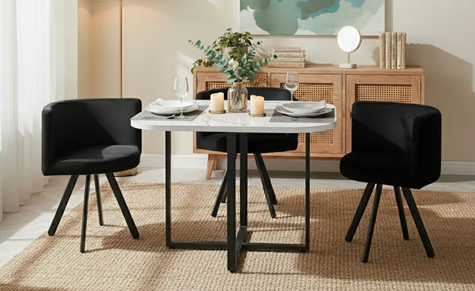 Table carrée 90cm avec 4 chaises gain de place Oslo Effet marbre blanc et Velours Noir