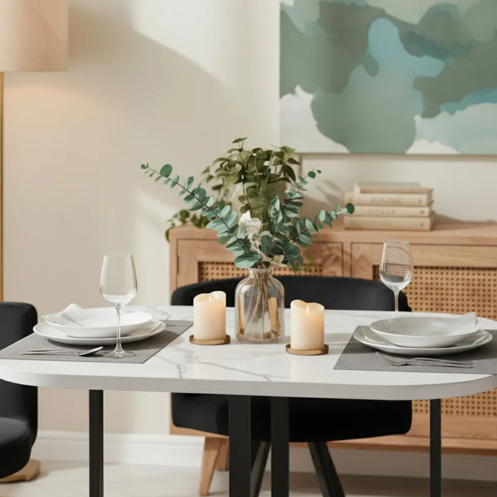 Table carrée 90cm avec 4 chaises gain de place Oslo Effet marbre blanc et Velours Noir