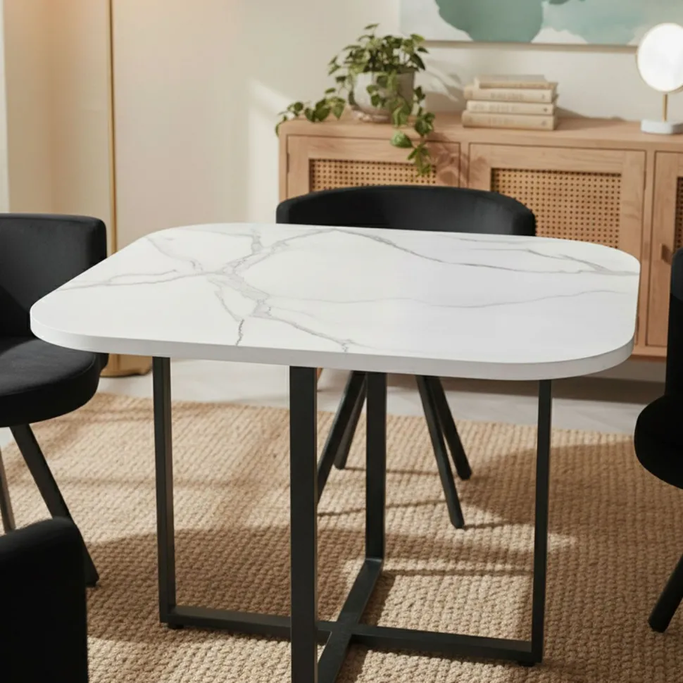 Table carrée 90cm avec 4 chaises gain de place Oslo Effet marbre blanc et Velours Noir