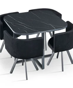 Table carrée 90cm avec 4 chaises gain de place Oslo Effet marbre noir et Velours Noir