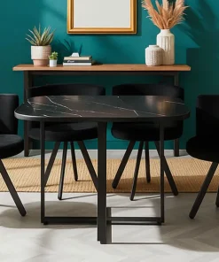Table carrée 90cm avec 4 chaises gain de place Oslo Effet marbre noir et Velours Noir