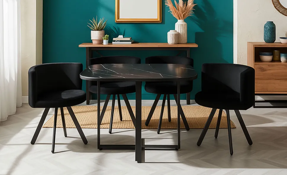 Table carrée 90cm avec 4 chaises gain de place Oslo Effet marbre noir et Velours Noir