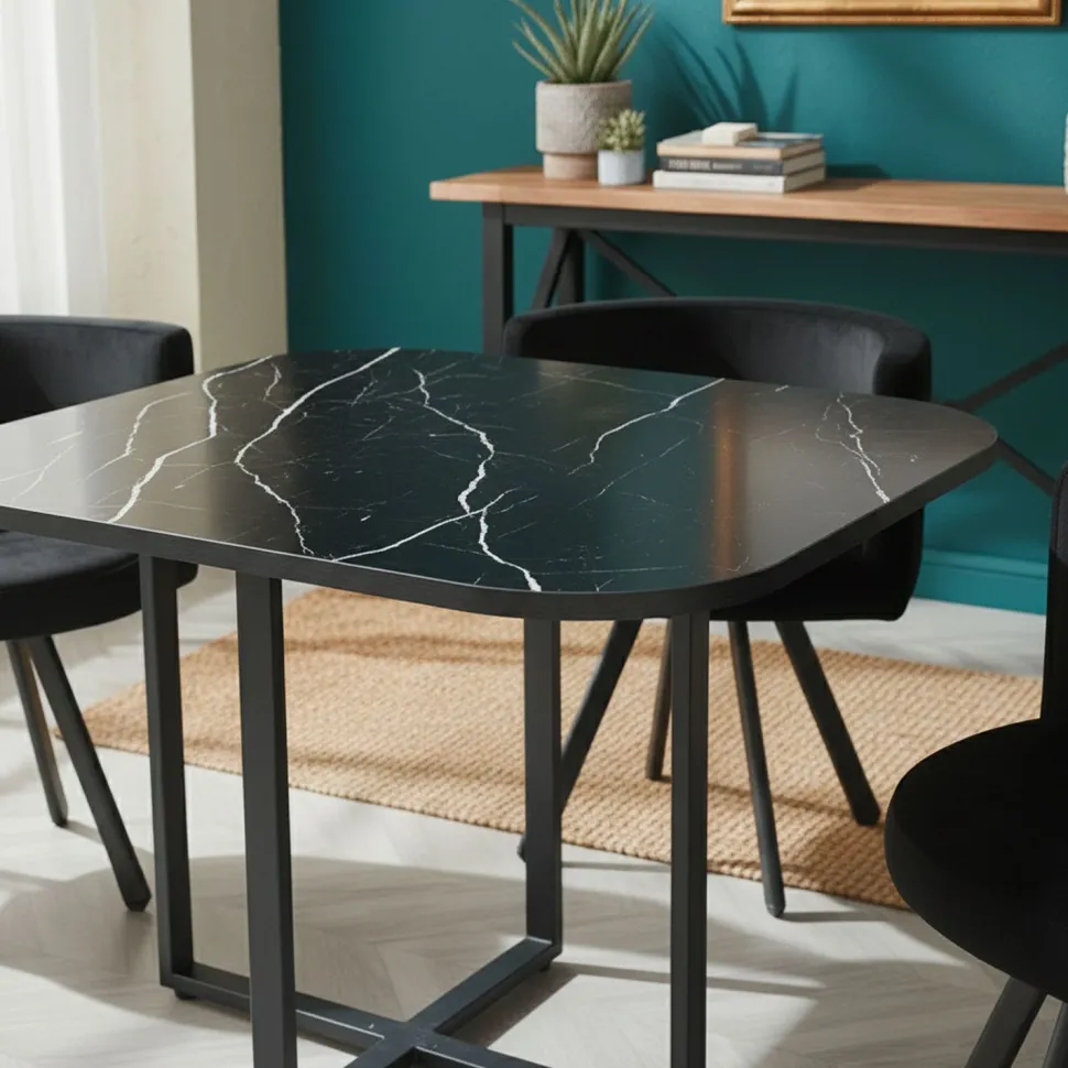 Table carrée 90cm avec 4 chaises gain de place Oslo Effet marbre noir et Velours Noir
