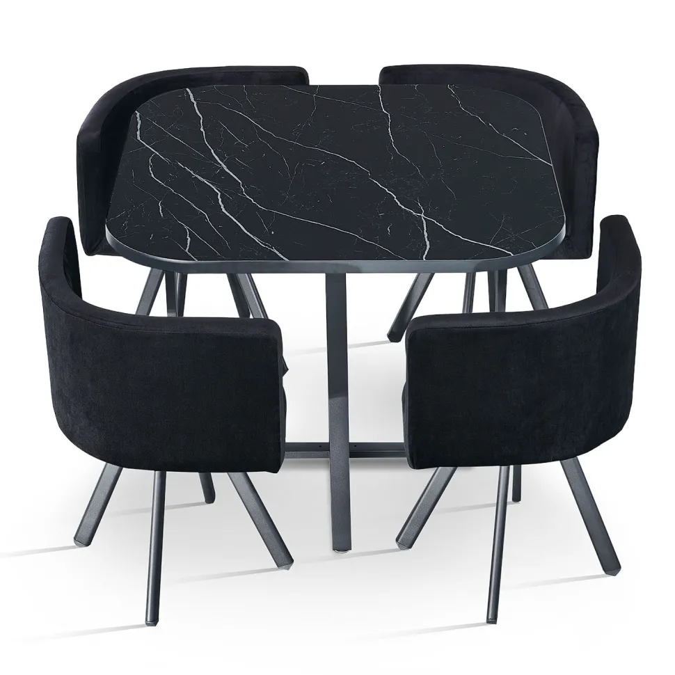 Table carrée 90cm avec 4 chaises gain de place Oslo Effet marbre noir et Velours Noir
