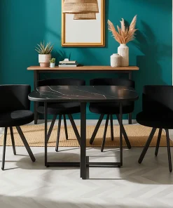 Table carrée 90cm avec 4 chaises gain de place Oslo Effet marbre noir et Velours Noir