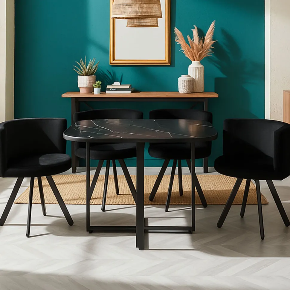 Table carrée 90cm avec 4 chaises gain de place Oslo Effet marbre noir et Velours Noir