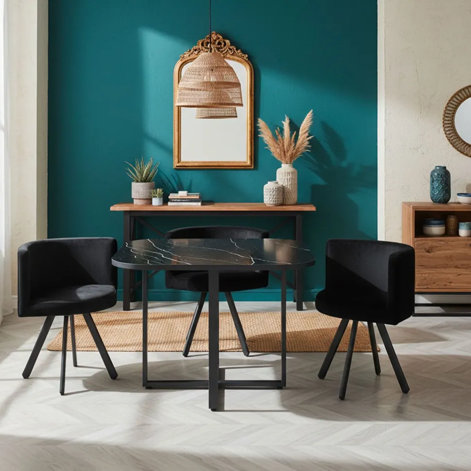 Table carrée 90cm avec 4 chaises gain de place Oslo Effet marbre noir et Velours Noir