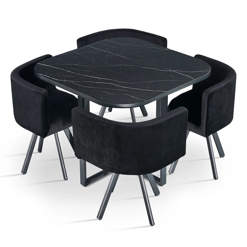 Table carrée 90cm avec 4 chaises gain de place Oslo Effet marbre noir et Velours Noir