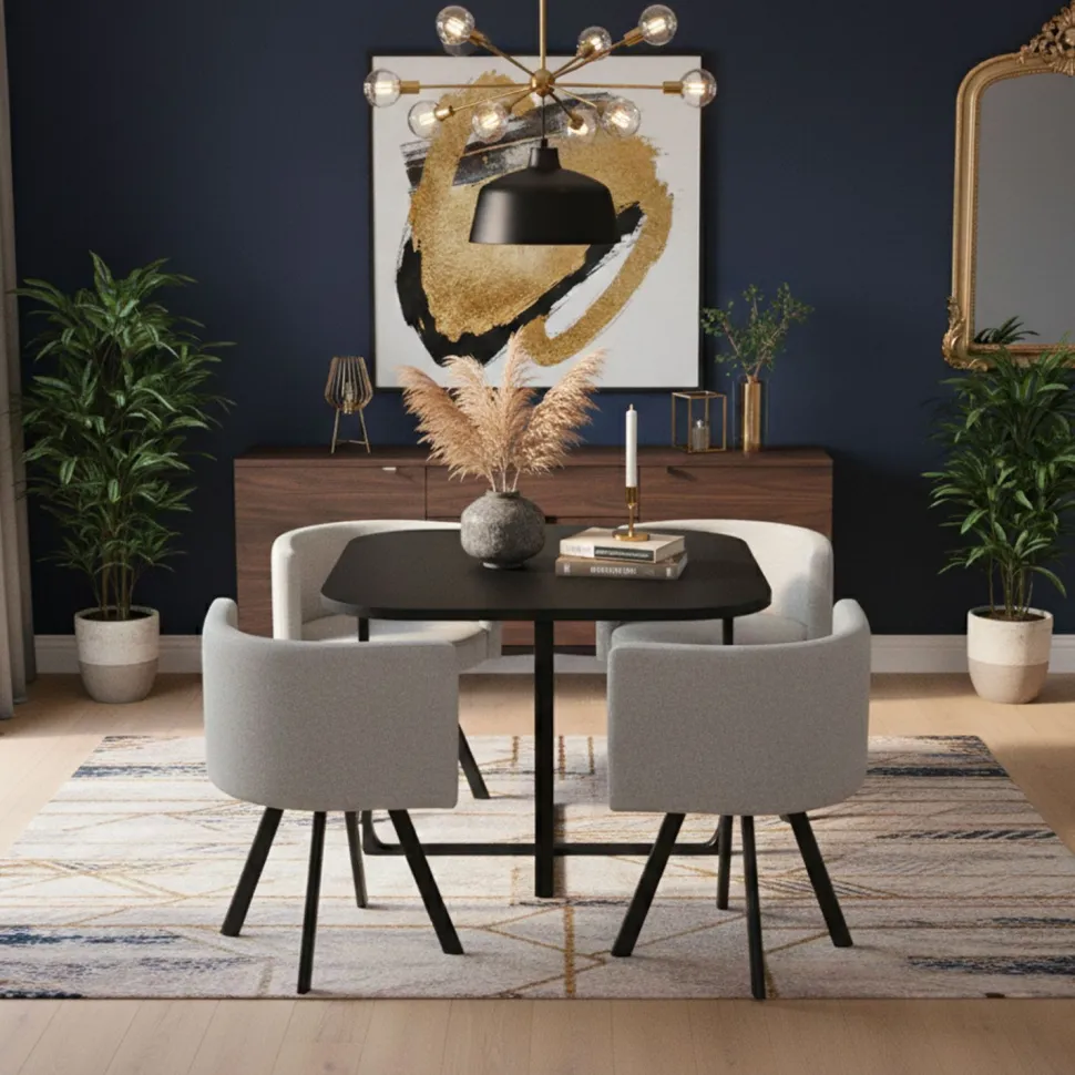 Table carrée 90cm avec 4 chaises gain de place Oslo Noir et Tissu Gris