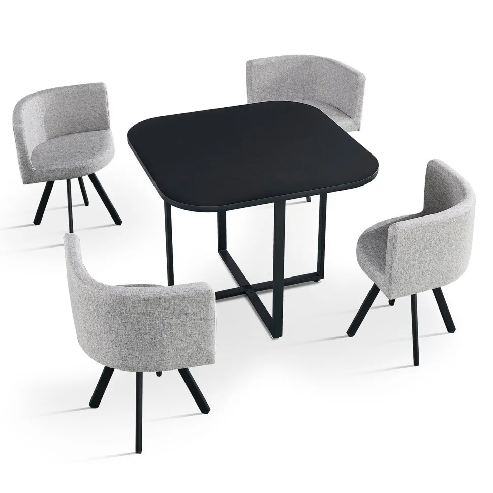 Table carrée 90cm avec 4 chaises gain de place Oslo Noir et Tissu Gris