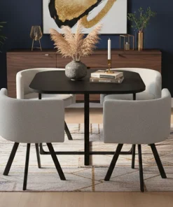 Table carrée 90cm avec 4 chaises gain de place Oslo Noir et Tissu Gris