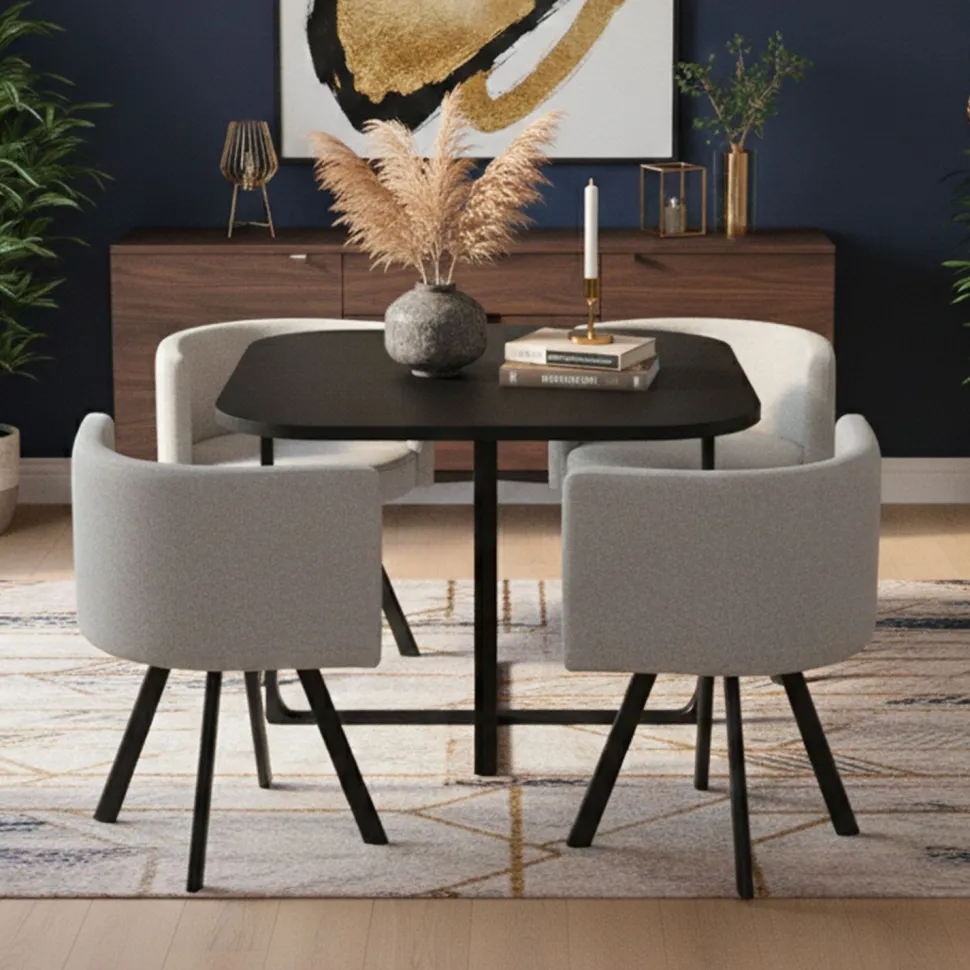 Table carrée 90cm avec 4 chaises gain de place Oslo Noir et Tissu Gris