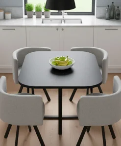 Table carrée 90cm avec 4 chaises gain de place Oslo Noir et Tissu Gris