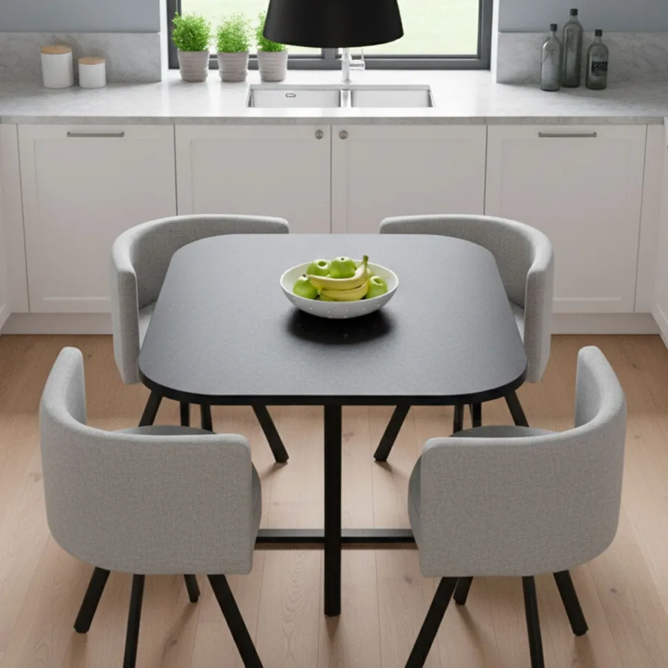 Table carrée 90cm avec 4 chaises gain de place Oslo Noir et Tissu Gris