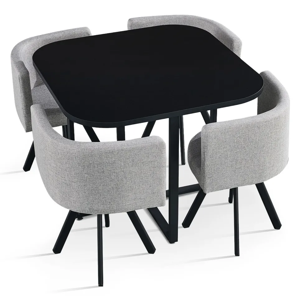 Table carrée 90cm avec 4 chaises gain de place Oslo Noir et Tissu Gris
