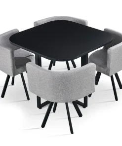 Table carrée 90cm avec 4 chaises gain de place Oslo Noir et Tissu Gris