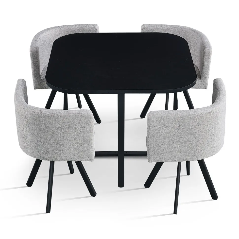 Table carrée 90cm avec 4 chaises gain de place Oslo Noir et Tissu Gris