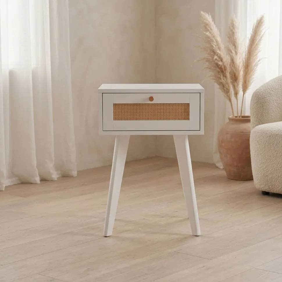 Table de chevet 1 tiroir avec cannage Dalgora L40cm Blanc