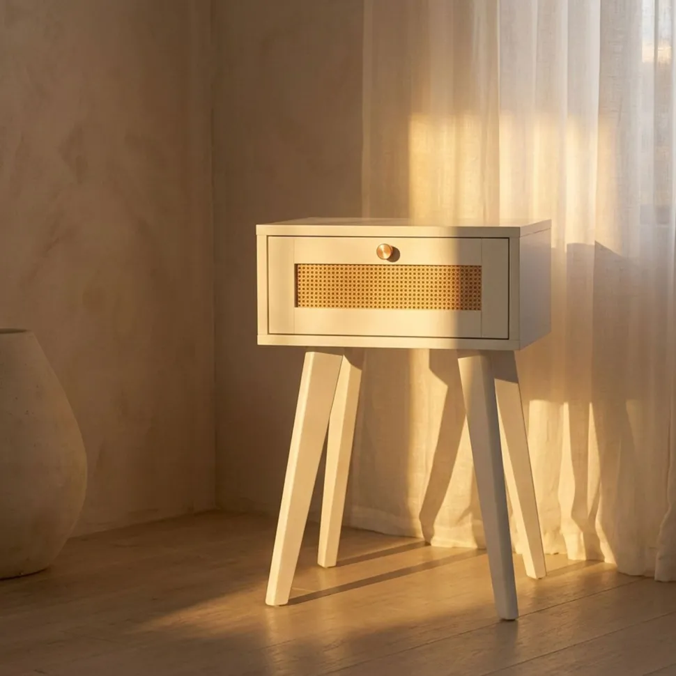 Table de chevet 1 tiroir avec cannage Dalgora L40cm Blanc