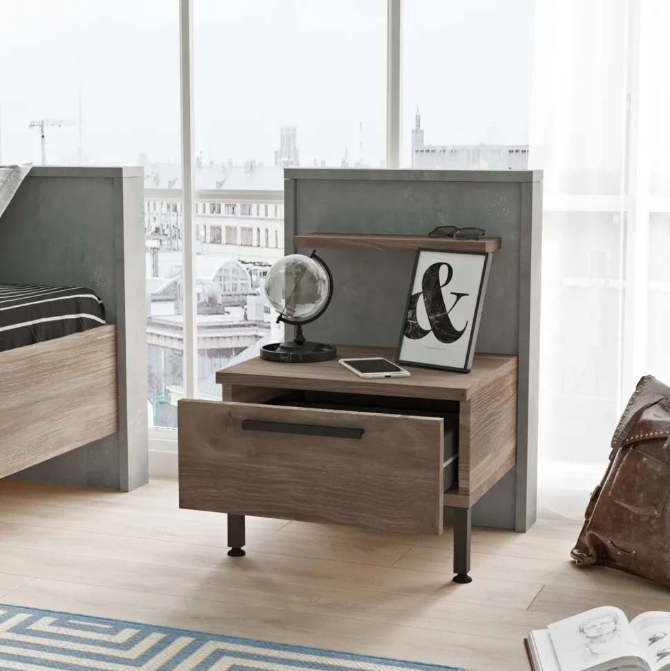 Table de chevet 1 tiroir Ralta style moderne bois foncé et gris