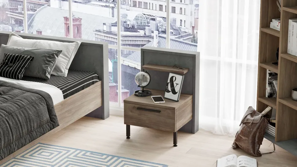 Table de chevet 1 tiroir Ralta style moderne bois foncé et gris