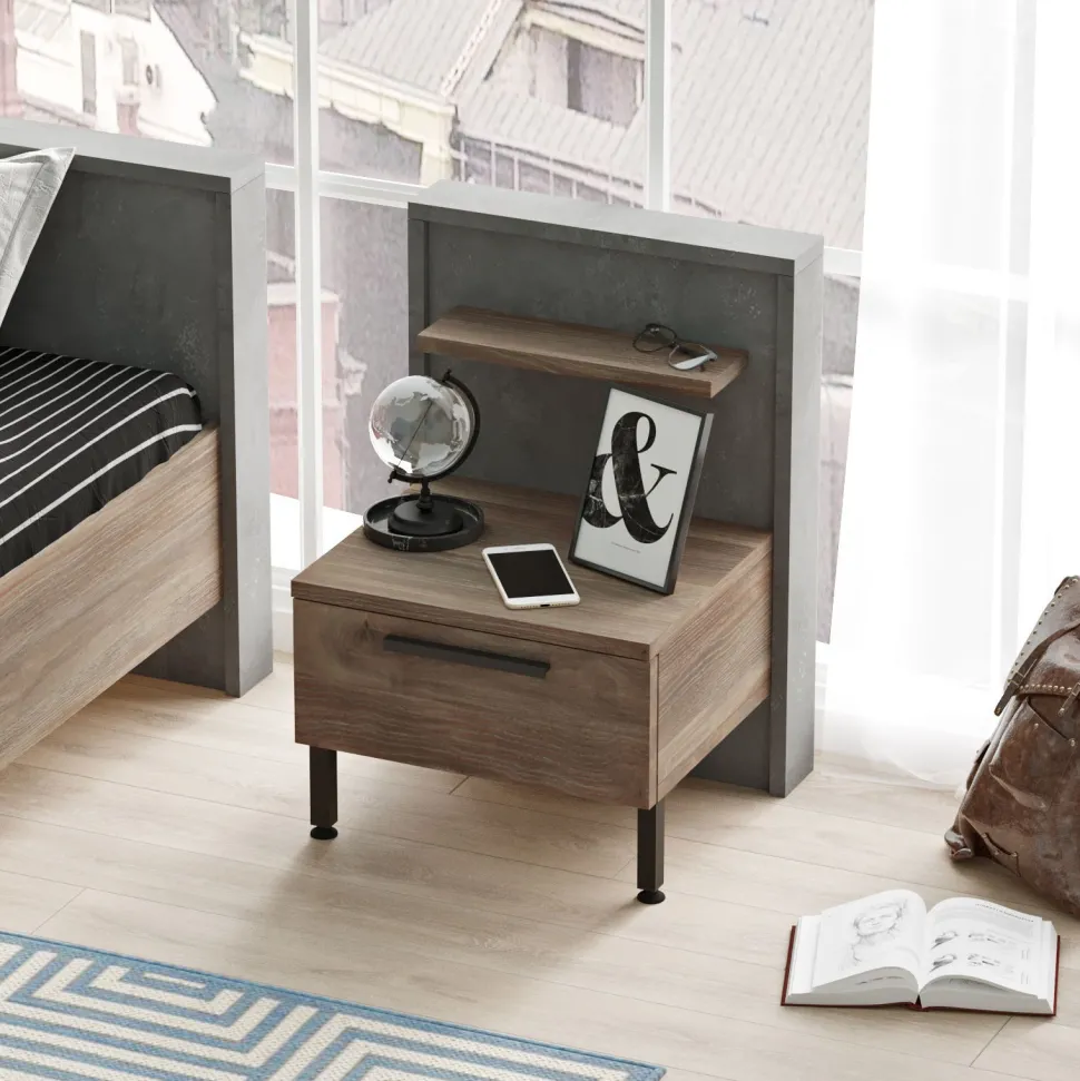 Table de chevet 1 tiroir Ralta style moderne bois foncé et gris