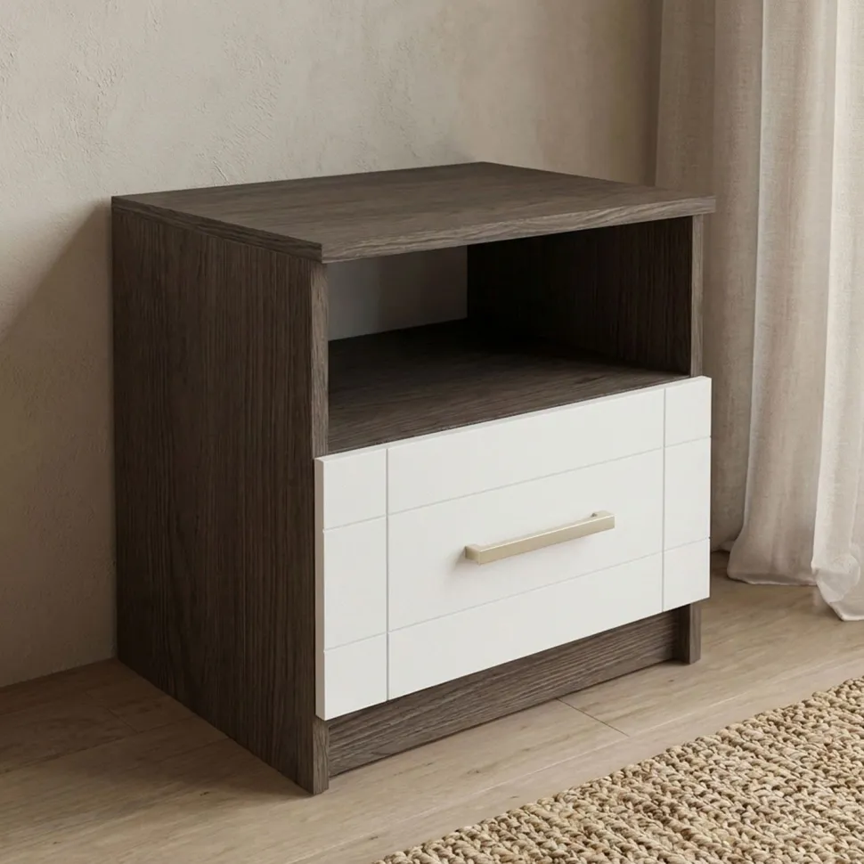 Table de chevet 1 tiroir Tenessil Chêne foncé et Blanc