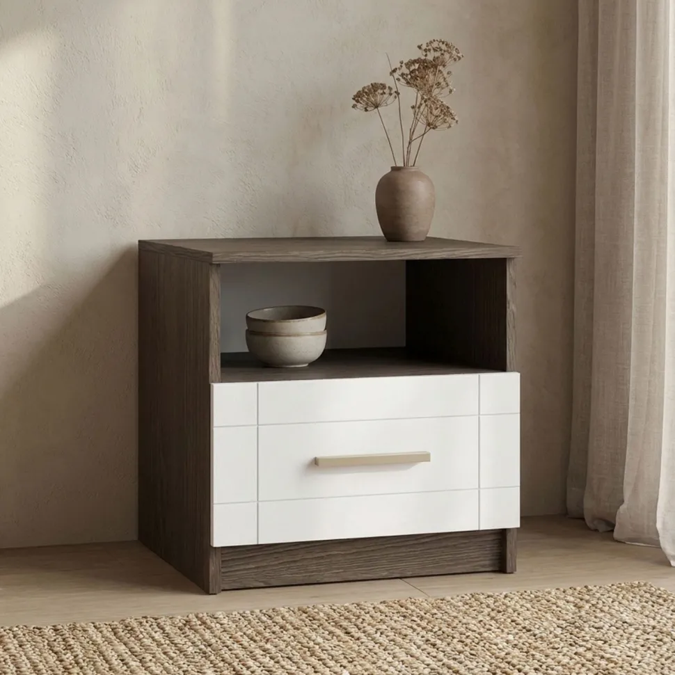 Table de chevet 1 tiroir Tenessil Chêne foncé et Blanc