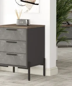 Table de chevet moderne 3 tiroirs Biallo Bois foncé, Gris béton et Anthracite