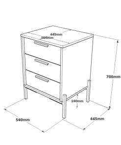 Table de chevet moderne 3 tiroirs Biallo Bois foncé, Gris béton et Anthracite