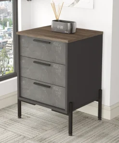Table de chevet moderne 3 tiroirs Biallo Bois foncé, Gris béton et Anthracite