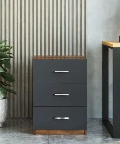 Table de chevet Moderne 3 Tiroirs Sylar Chêne foncé et Anthracite