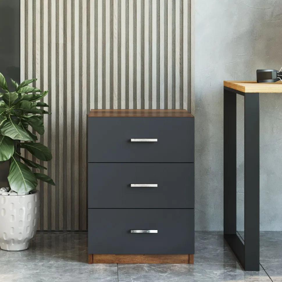 Table de chevet Moderne 3 Tiroirs Sylar Chêne foncé et Anthracite