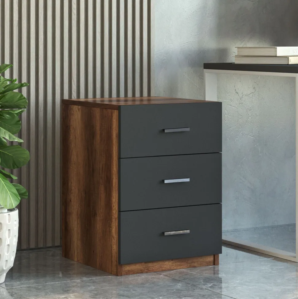Table de chevet Moderne 3 Tiroirs Sylar Chêne foncé et Anthracite