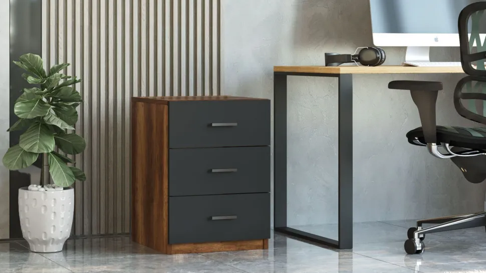 Table de chevet Moderne 3 Tiroirs Sylar Chêne foncé et Anthracite