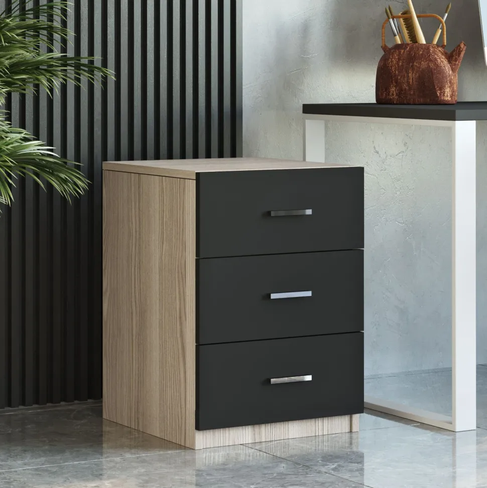 Table de chevet Moderne 3 Tiroirs Sylar Chêne et Noir