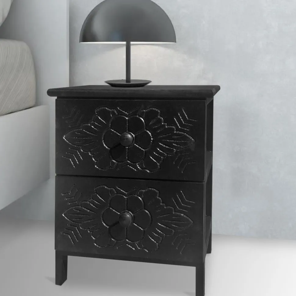Table de chevet sculptée style marocain Chevignon L36cm Bois Noir