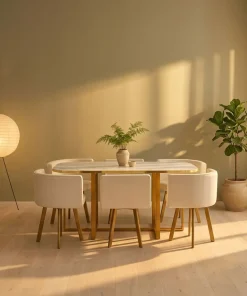 Table et chaises Oslo XL Or Effet Marbre Blanc et Simili Blanc